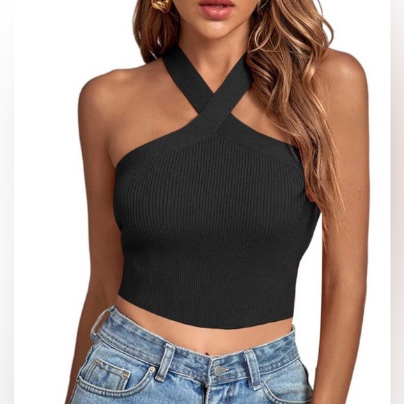 Sincerely Jules Black Ribbed Halter Knit Criss Cross Cropped Tank Top Large - Picture 1 of 7